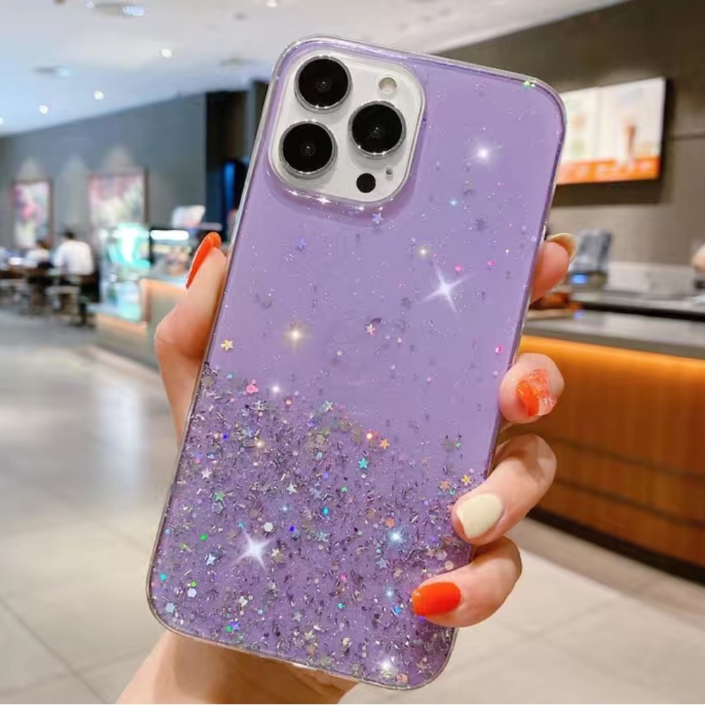 Purple Starry Glitter Transparent Phone Case for iPhone 14 Pro Max